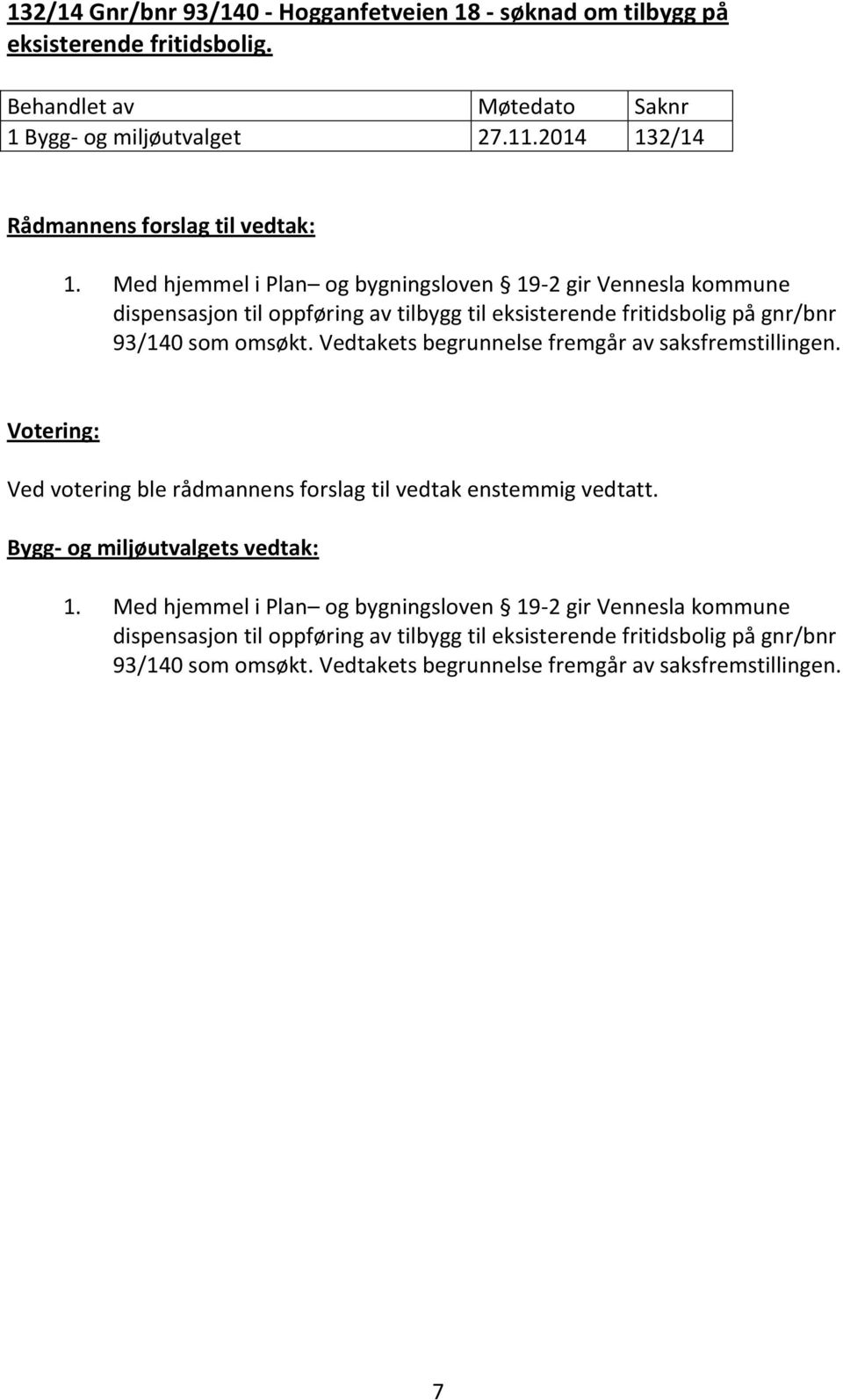 Vedtakets begrunnelse fremgår av saksfremstillingen. Votering: Ved votering ble rådmannens forslag til vedtak enstemmig vedtatt. Bygg- og miljøutvalgets vedtak: 1.