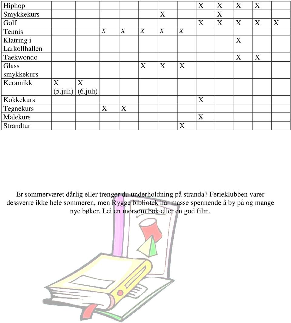 juli) Kokkekurs Tegnekurs Malekurs Strandtur Er sommerværet dårlig eller trenger du