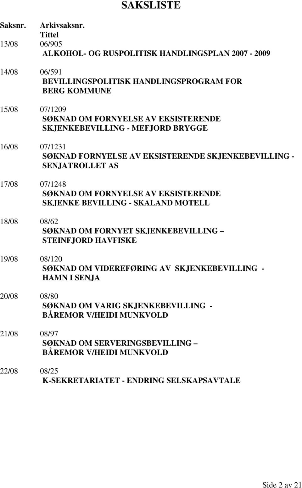 SKJENKEBEVILLING - MEFJORD BRYGGE 16/08 07/1231 SØKNAD FORNYELSE AV EKSISTERENDE SKJENKEBEVILLING - SENJATROLLET AS 17/08 07/1248 SØKNAD OM FORNYELSE AV EKSISTERENDE SKJENKE BEVILLING -