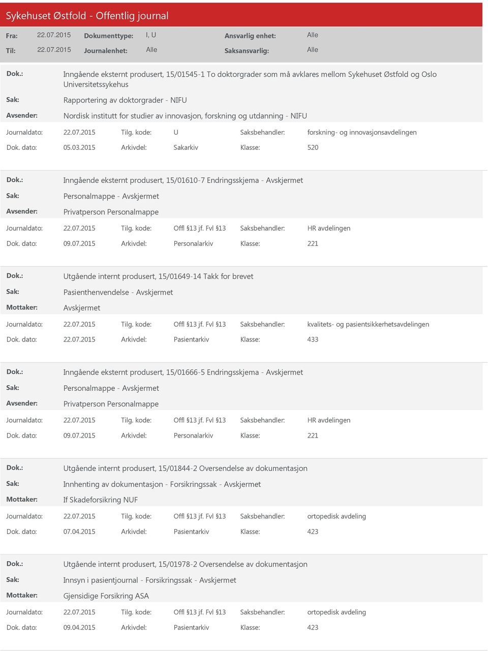 dato: 09.07.2015 Arkivdel: Personalarkiv tgående internt produsert, 15/01649-14 Takk for brevet Pasienthenvendelse - Avskjermet Avskjermet Dok.