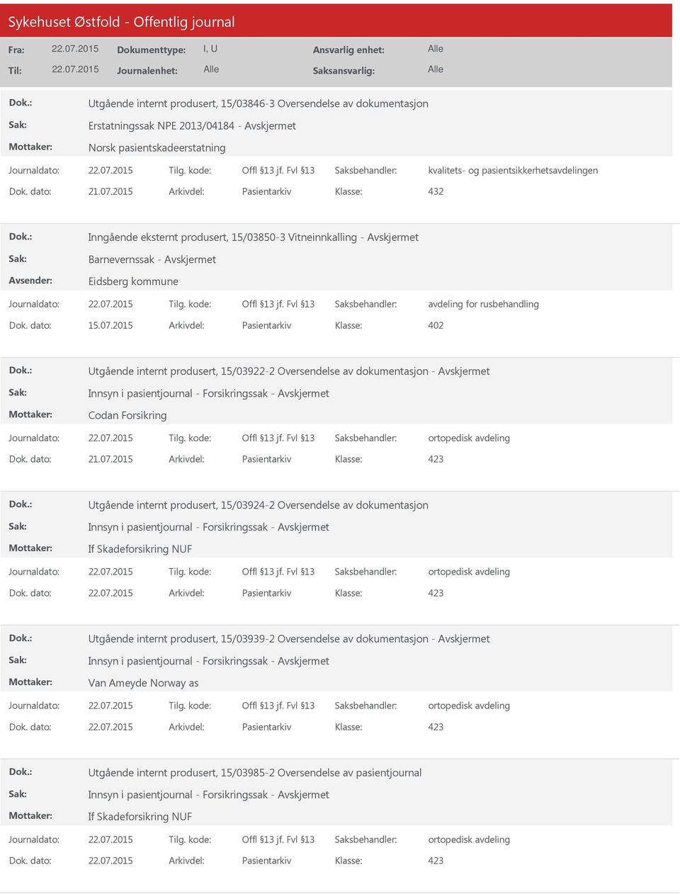 2015 Arkivdel: Pasientarkiv 402 tgående internt produsert, 15/03922-2 Oversendelse av dokumentasjon - Avskjermet Codan Forsikring Dok. dato: 21.07.