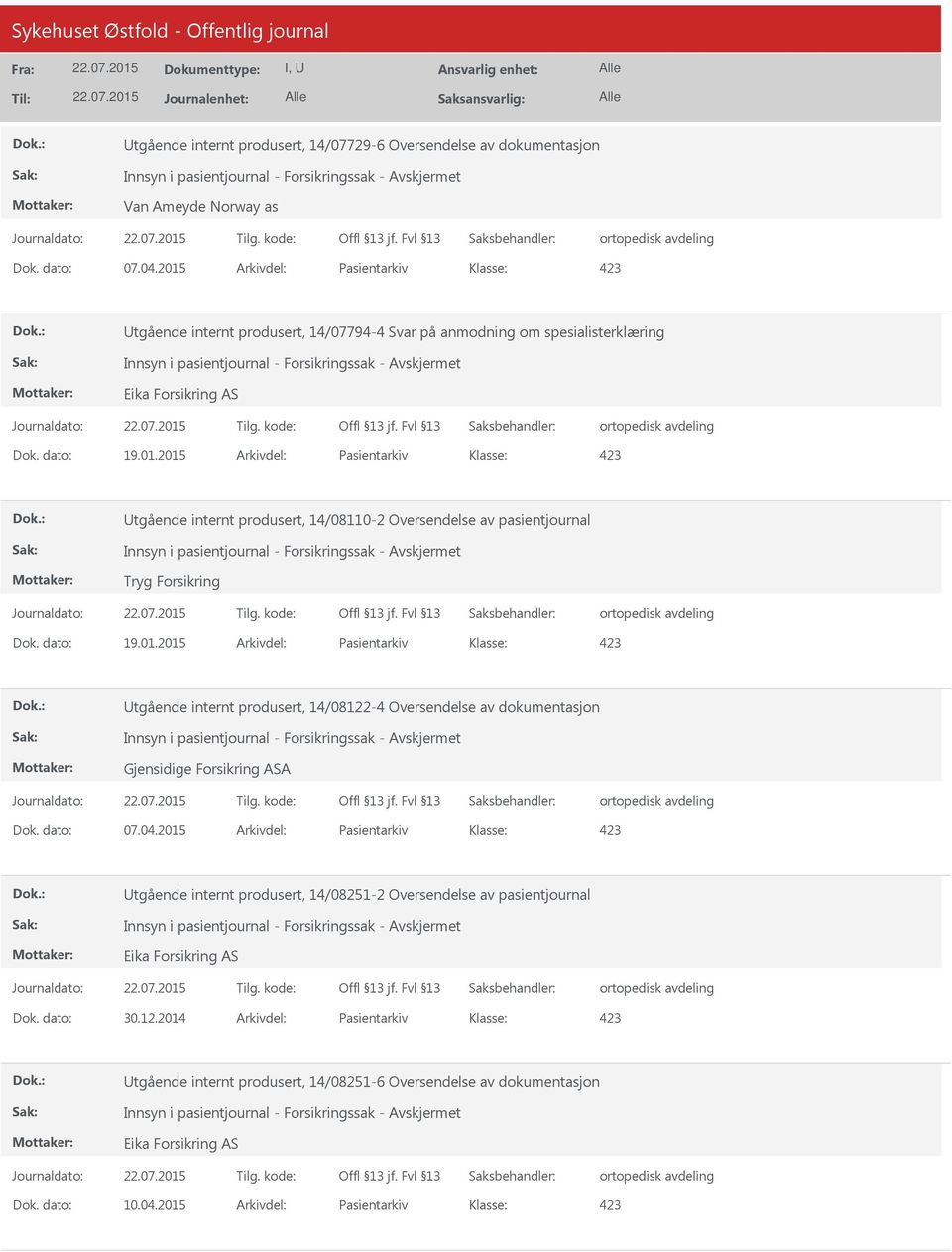 dato: 19.01.2015 Arkivdel: Pasientarkiv tgående internt produsert, 14/08122-4 Oversendelse av dokumentasjon Gjensidige Forsikring ASA Dok. dato: 07.04.