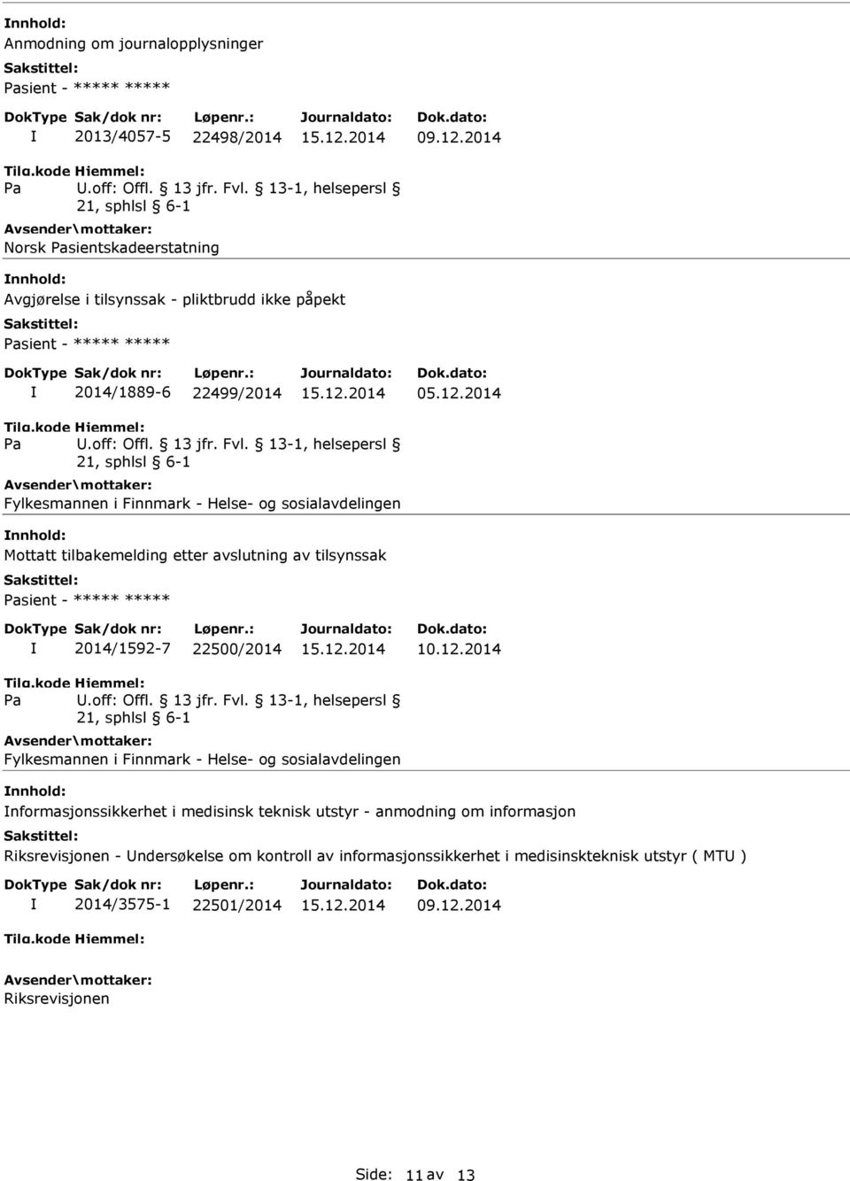 , helsepersl Fylkesmannen i Finnmark - Helse- og sosialavdelingen nnhold: Mottatt tilbakemelding etter avslutning av tilsynssak sient - ***** ***** 2014/1592-7 22500/2014 10.12.2014 U.off: Offl.