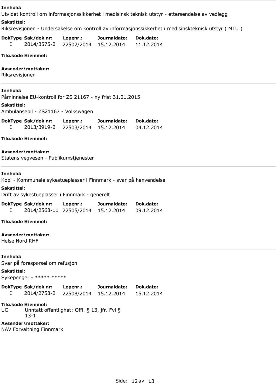 12.2014 Statens vegvesen - Publikumstjenester nnhold: Kopi - Kommunale sykestueplasser i Finnmark - svar på henvendelse Drift av sykestueplasser i Finnmark - generelt