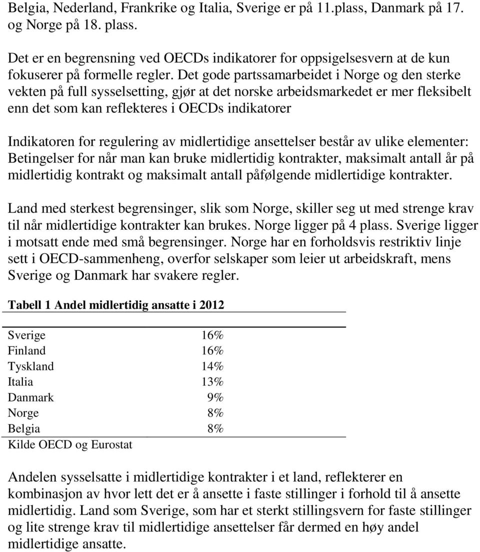 Det gode partssamarbeidet i Norge og den sterke vekten på full sysselsetting, gjør at det norske arbeidsmarkedet er mer fleksibelt enn det som kan reflekteres i OECDs indikatorer Indikatoren for