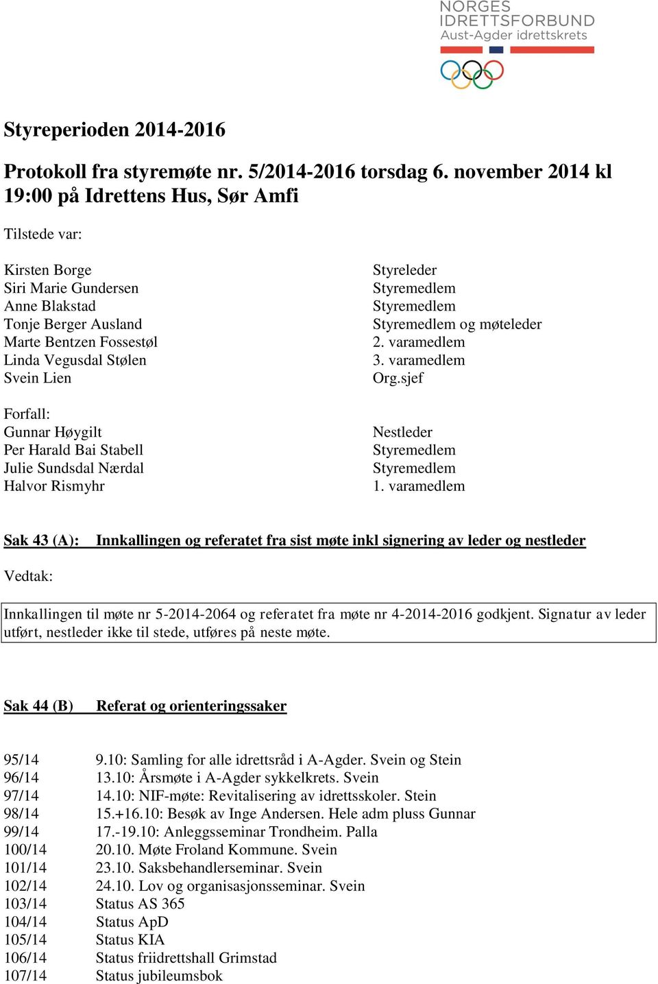 Gunnar Høygilt Per Harald Bai Stabell Julie Sundsdal Nærdal Halvor Rismyhr Styreleder og møteleder 2. varamedlem 3. varamedlem Org.sjef Nestleder 1.