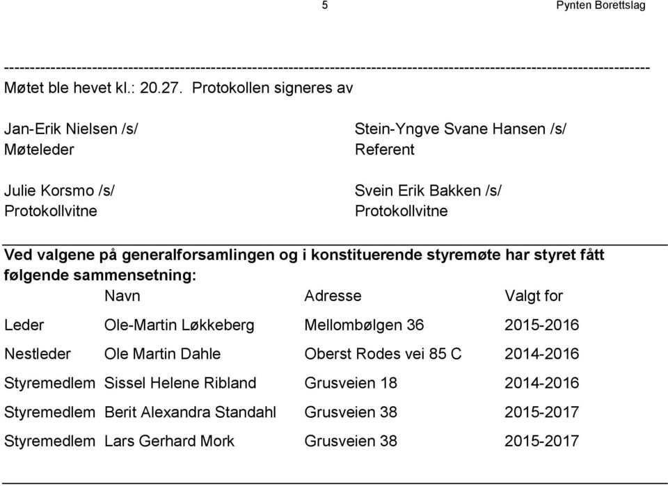 Protokollvitne Ved valgene på generalforsamlingen og i konstituerende styremøte har styret fått følgende sammensetning: Navn Adresse Valgt for Leder