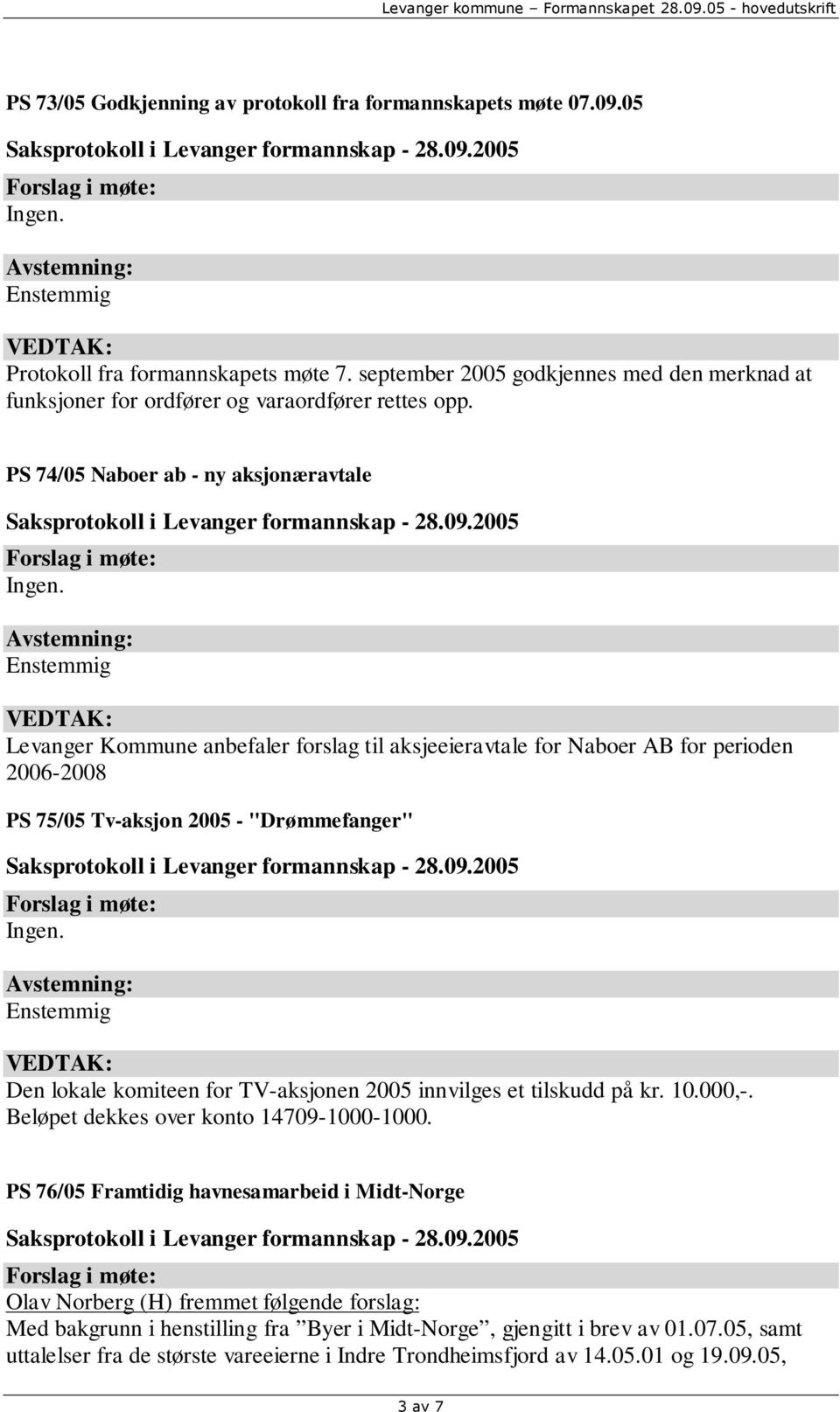 Enstemmig Levanger Kommune anbefaler forslag til aksjeeieravtale for Naboer AB for perioden 2006-2008 PS 75/05 Tv-aksjon 2005 - "Drømmefanger" Ingen.