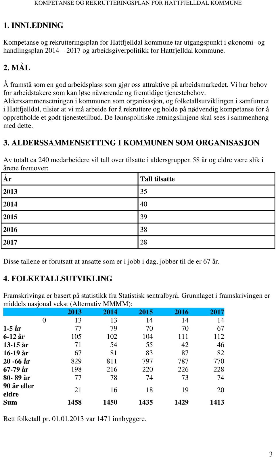 Alderssammensetningen i kommunen som organisasjon, og folketallsutviklingen i samfunnet i Hattfjelldal, tilsier at vi må arbeide for å rekruttere og holde på nødvendig kompetanse for å opprettholde