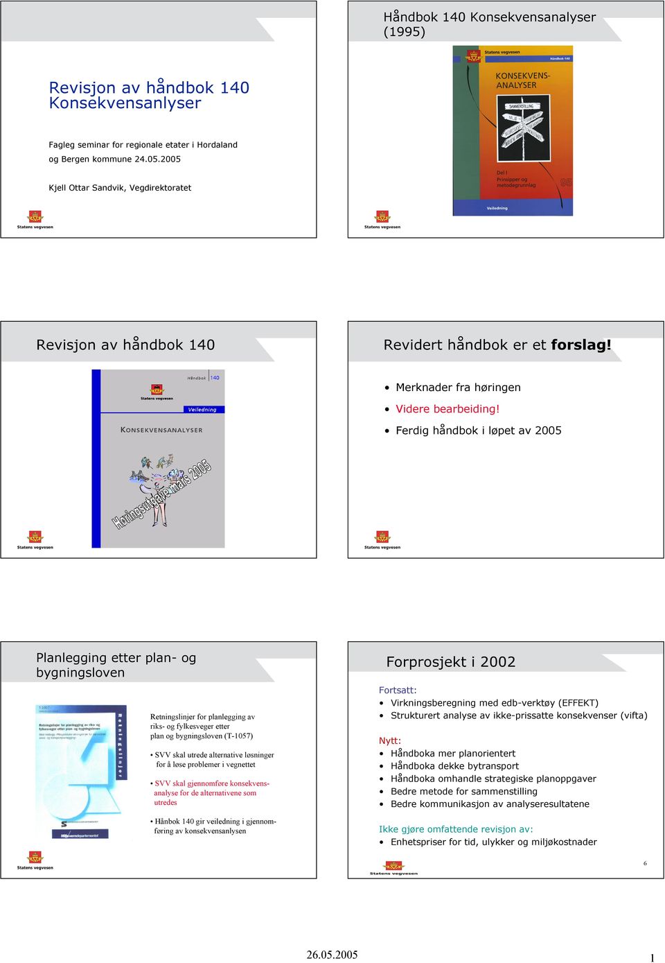 Ferdig håndbok i løpet av 2005 Planlegging etter plan- og bygningsloven Retningslinjer for planlegging av riks- og fylkesveger etter plan og bygningsloven (T-1057) SVV skal utrede alternative