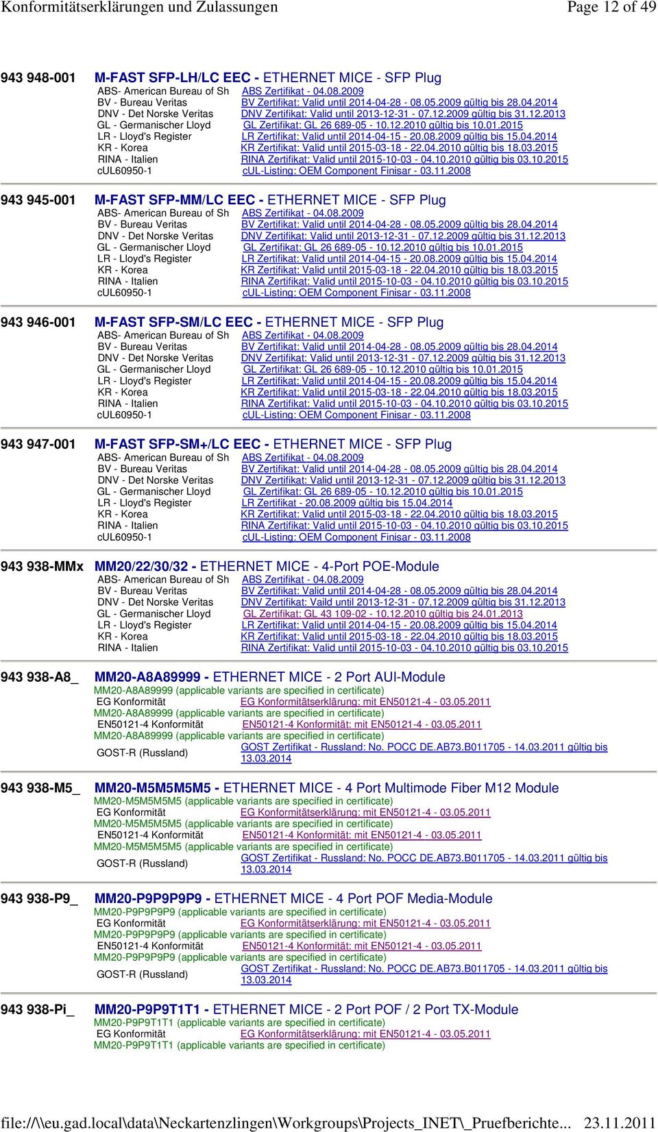 01.2015 LR - Lloyd's Register LR Zertifikat: Valid until 2014-04-15-20.08.2009 gültig bis 15.04.2014 KR - Korea KR Zertifikat: Valid until 2015-03-