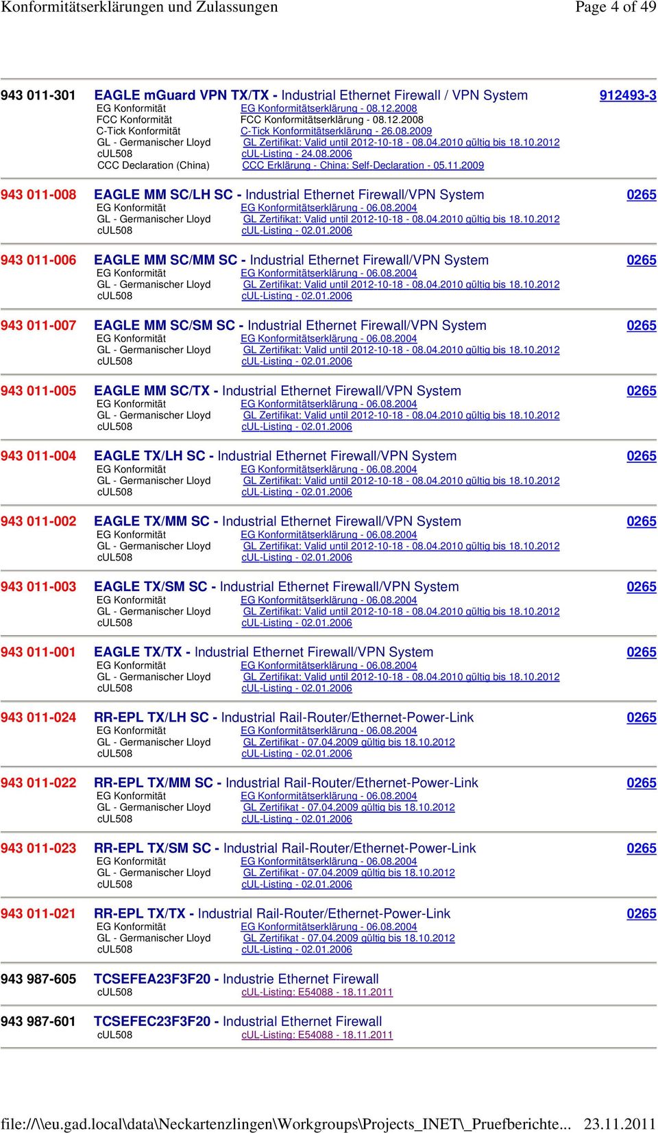 08.2004 cul508 cul-listing - 02.01.2006 943 011-007 EAGLE MM SC/SM SC - Industrial Ethernet Firewall/VPN System 0265 EG Konformität EG Konformitätserklärung - 06.08.2004 cul508 cul-listing - 02.01.2006 943 011-005 EAGLE MM SC/TX - Industrial Ethernet Firewall/VPN System 0265 EG Konformität EG Konformitätserklärung - 06.