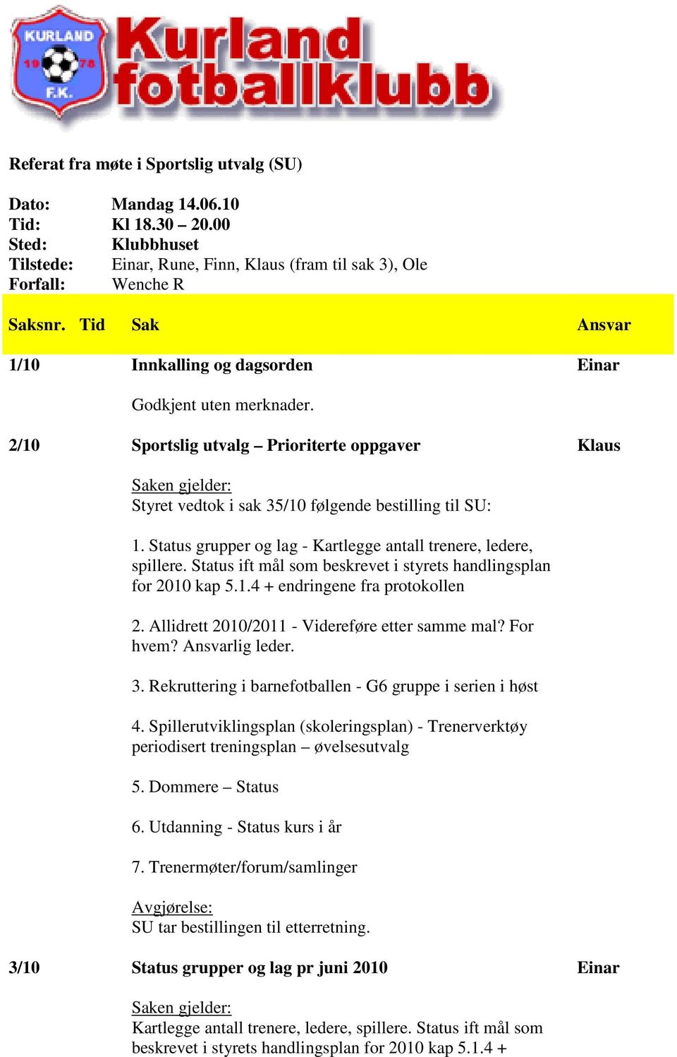 Status grupper og lag - Kartlegge antall trenere, ledere, spillere. Status ift mål som beskrevet i styrets handlingsplan for 2010 kap 5.1.4 + endringene fra protokollen 2.