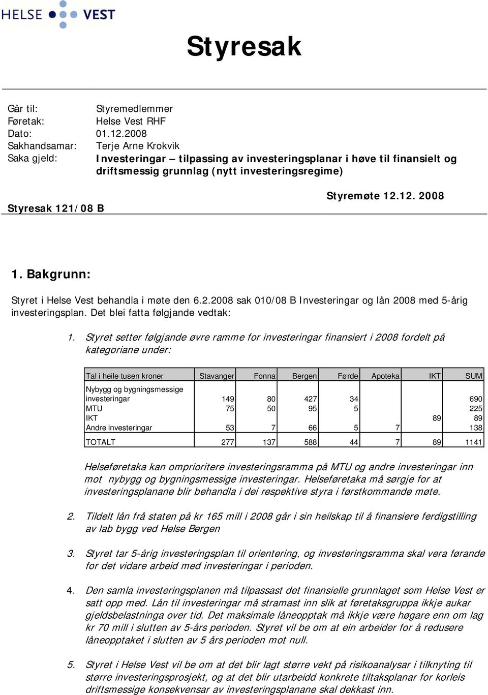 12.12. 2008 1. Bakgrunn: Styret i Helse Vest behandla i møte den 6.2.2008 sak 010/08 B Investeringar og lån 2008 med 5-årig investeringsplan. Det blei fatta følgjande vedtak: 1.