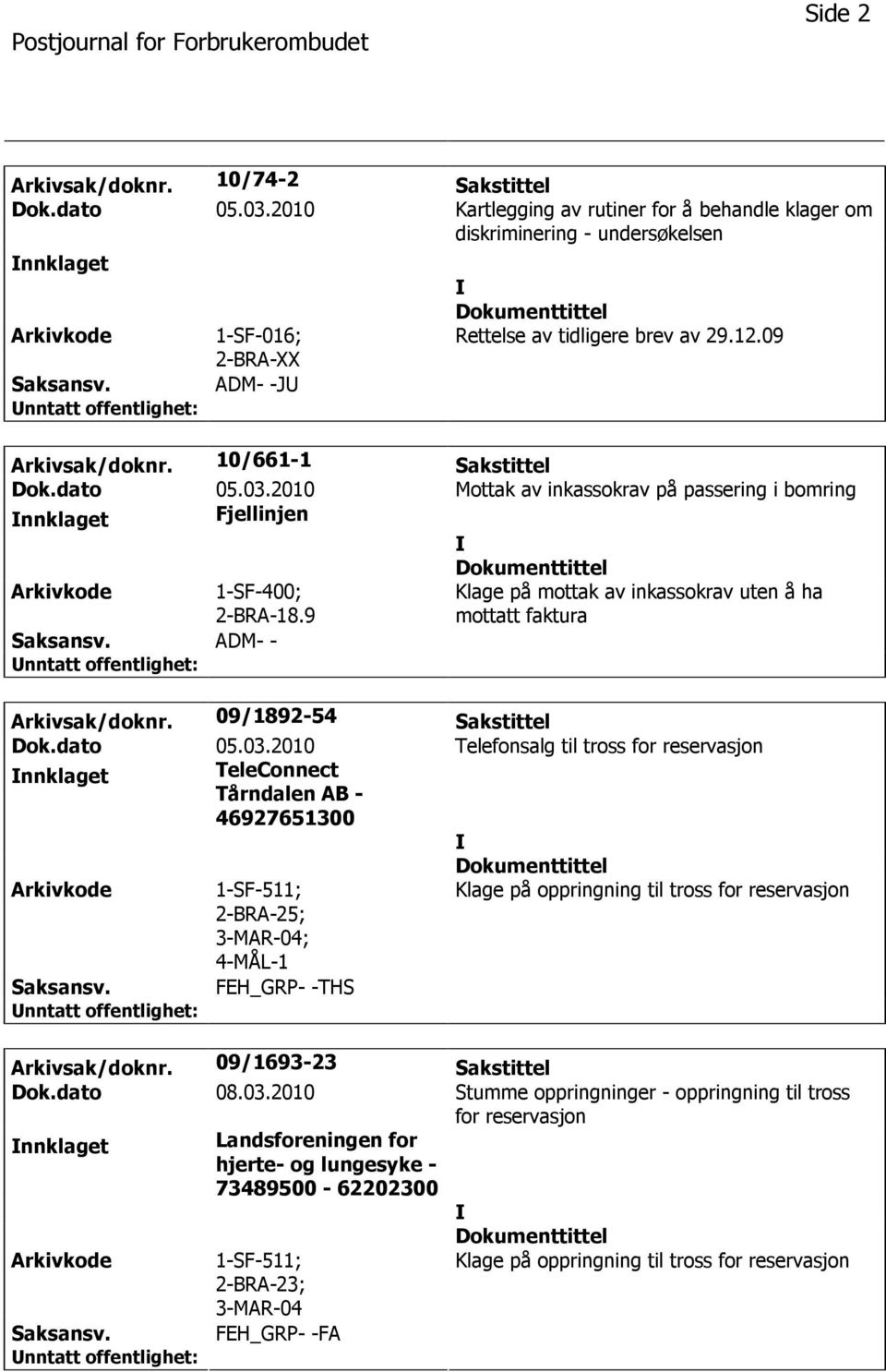 dato 05.03.2010 Mottak av inkassokrav på passering i bomring nnklaget Fjellinjen 1-SF-400; 2-BRA-18.9 Klage på mottak av inkassokrav uten å ha mottatt faktura ADM- - Arkivsak/doknr.