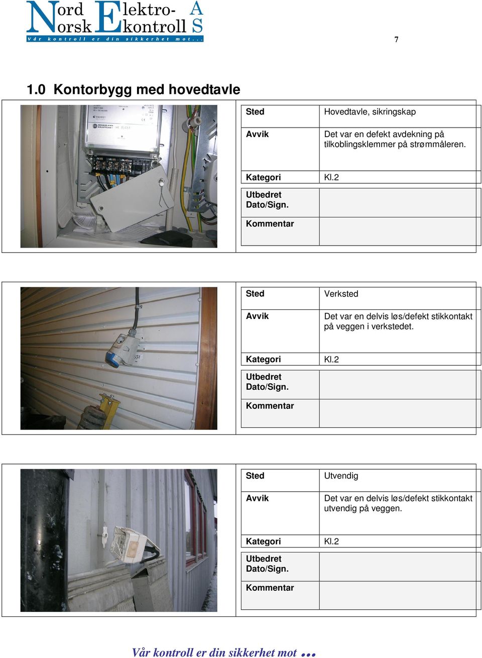 løs/dfkt stikkontakt på vggn i vrkstdt Katgori Kl2 Utbdrt Dato/Sign Kommntar Std Avvik Utvndig Dt