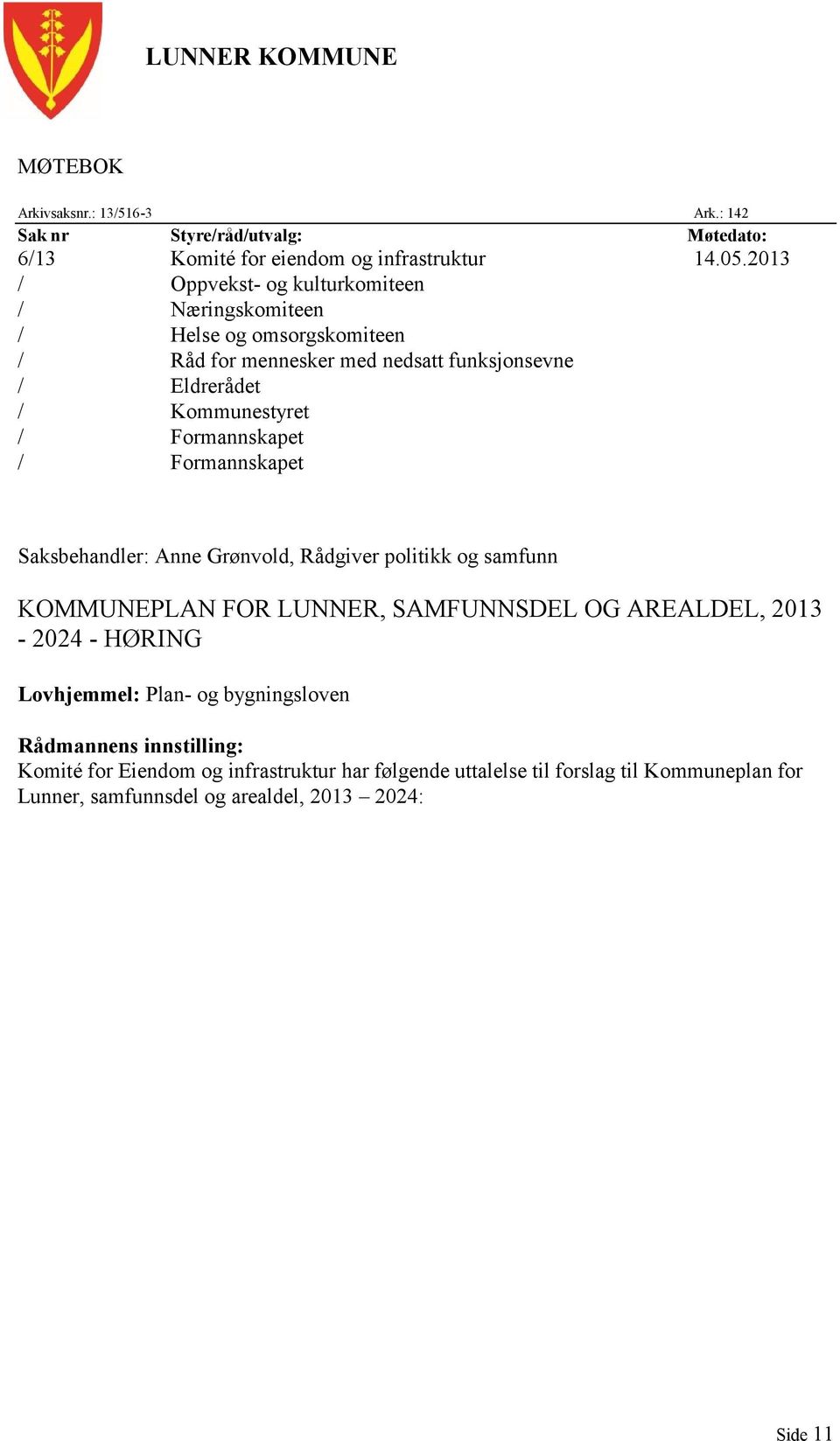 Formannskapet / Formannskapet Saksbehandler: Anne Grønvold, Rådgiver politikk og samfunn KOMMUNEPLAN FOR LUNNER, SAMFUNNSDEL OG AREALDEL, 2013-2024 - HØRING