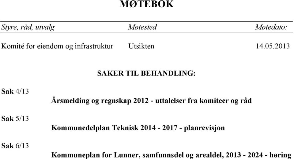 2013 SAKER TIL BEHANDLING: Sak 4/13 Sak 5/13 Sak 6/13 Årsmelding og regnskap 2012