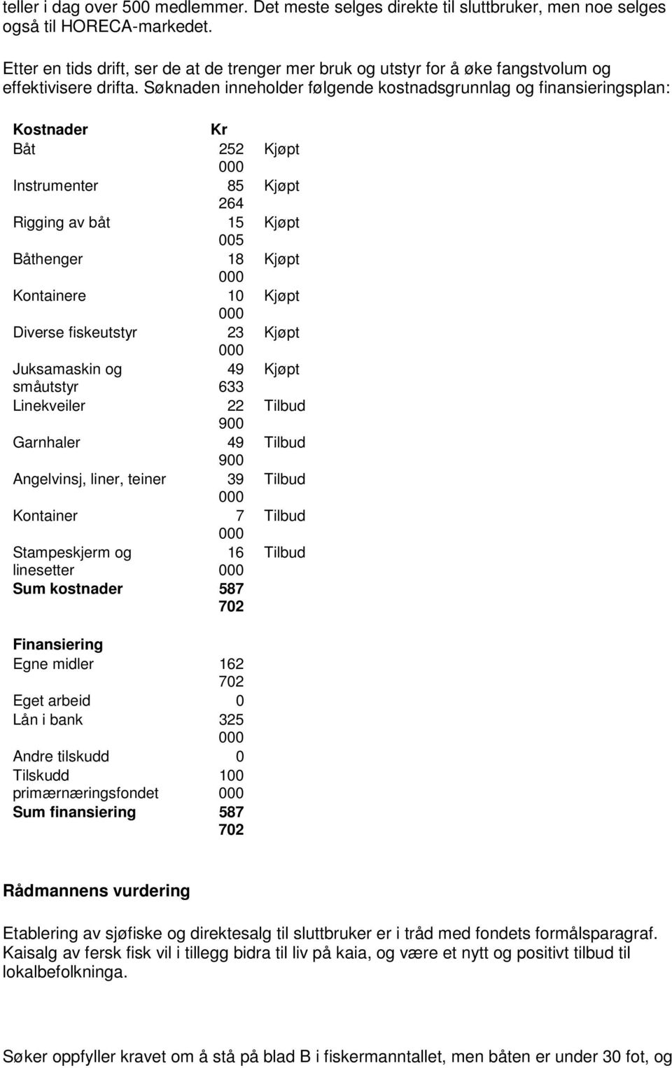 Søknaden inneholder følgende kostnadsgrunnlag og finansieringsplan: Kostnader Kr Båt 252 Instrumenter 85 264 Rigging av båt 15 005 Båthenger 18 Kontainere 10 Diverse fiskeutstyr 23 Juksamaskin og 49