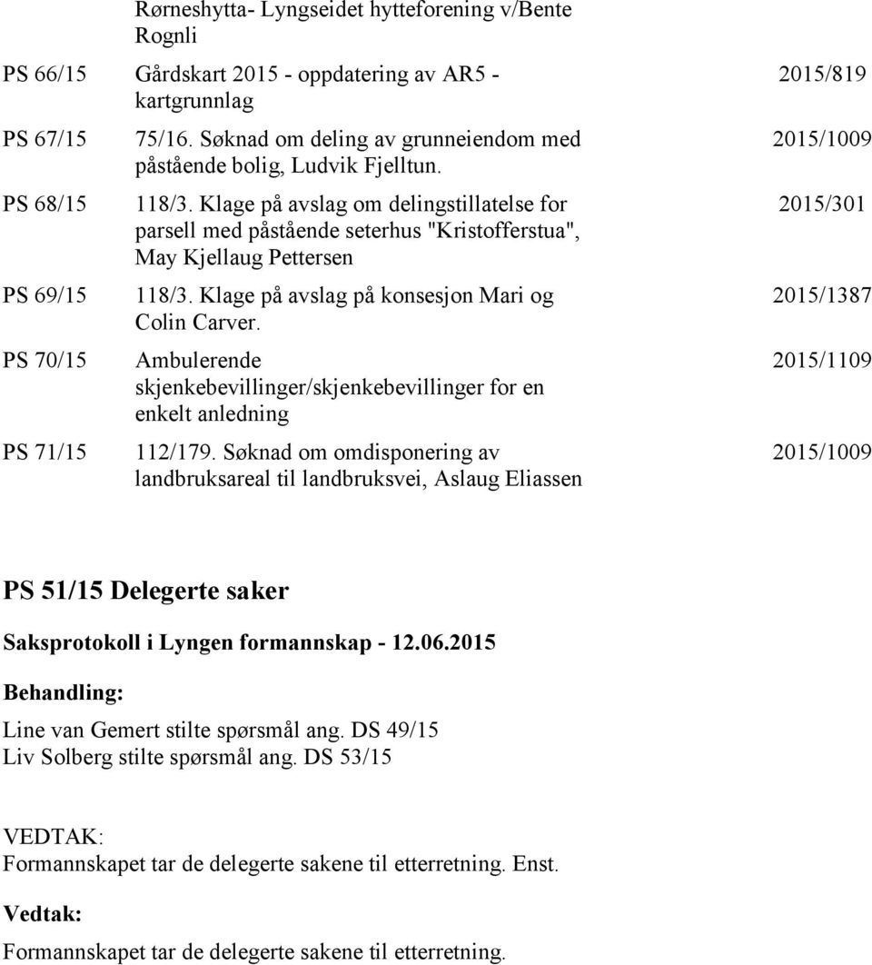 Klage på avslag på konsesjon Mari og Colin Carver. Ambulerende skjenkebevillinger/skjenkebevillinger for en enkelt anledning 112/179.