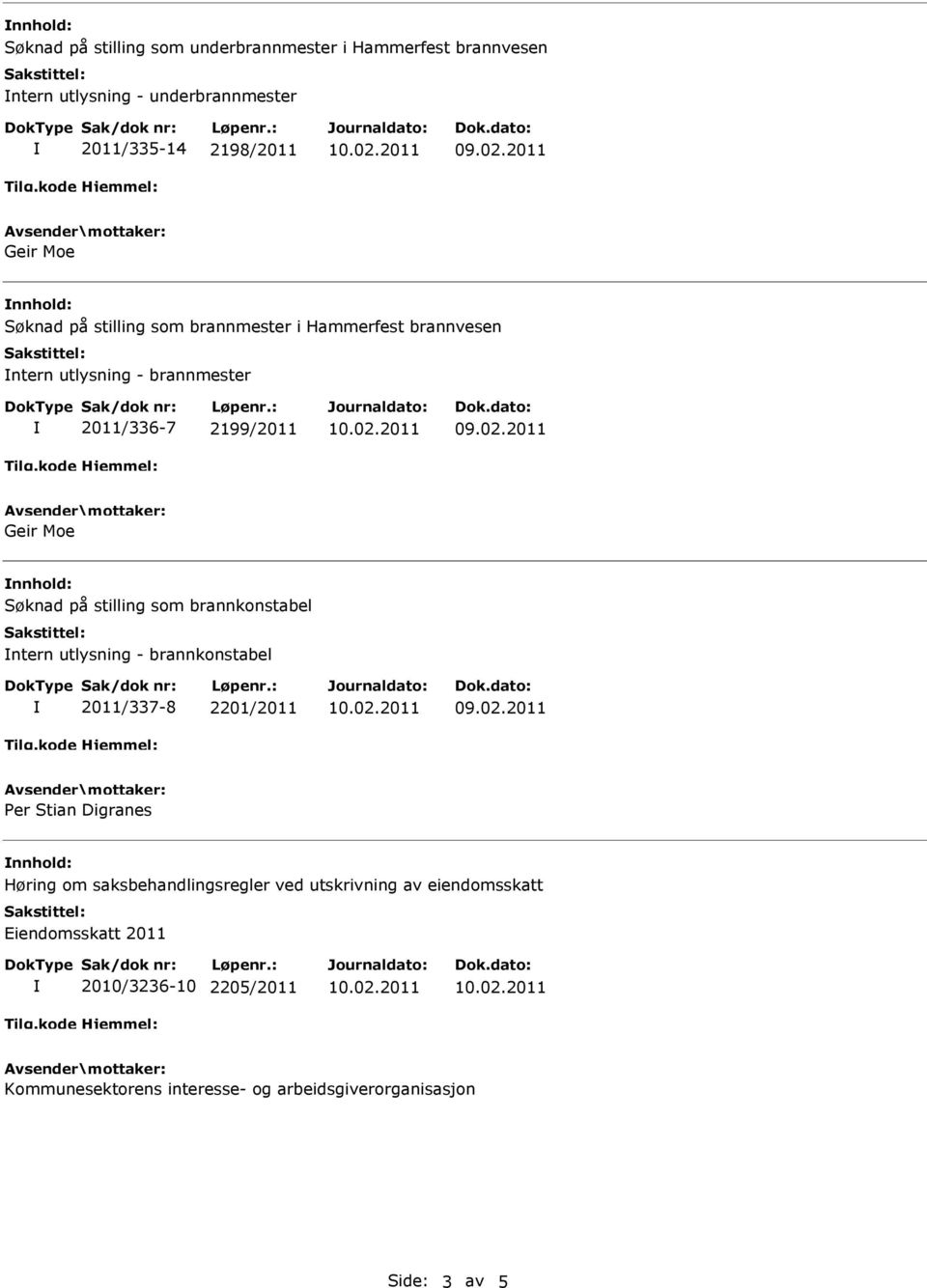 på stilling som brannkonstabel ntern utlysning - brannkonstabel 2011/337-8 2201/2011 Per Stian Digranes nnhold: Høring om