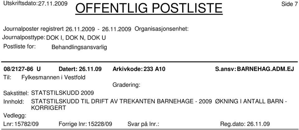 STATSTILSKUDD TIL DRIFT AV TREKANTEN BARNEHAGE - 2009 ØKNING I ANTALL BARN