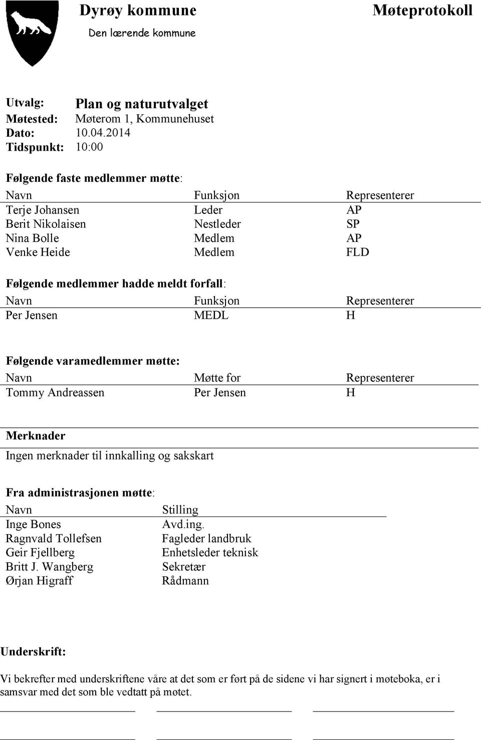 hadde meldt forfall: Navn Funksjon Representerer Per Jensen MEDL H Følgende varamedlemmer møtte: Navn Møtte for Representerer Tommy Andreassen Per Jensen H Merknader Ingen merknader til innkalling og