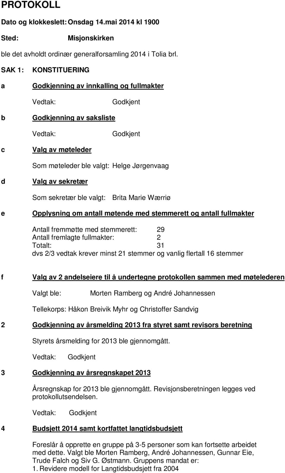 Opplysning om antall møtende med stemmerett og antall fullmakter Antall fremmøtte med stemmerett: 29 Antall fremlagte fullmakter: 2 Totalt: 31 dvs 2/3 vedtak krever minst 21 stemmer og vanlig