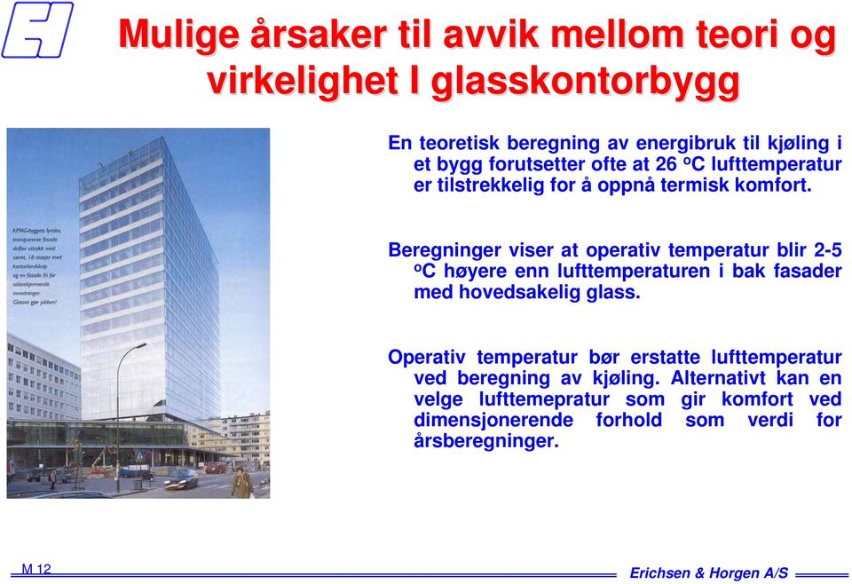 Beregninger viser at operativ temperatur blir 2-5 o C høyere enn lufttemperaturen i bak fasader med hovedsakelig glass.