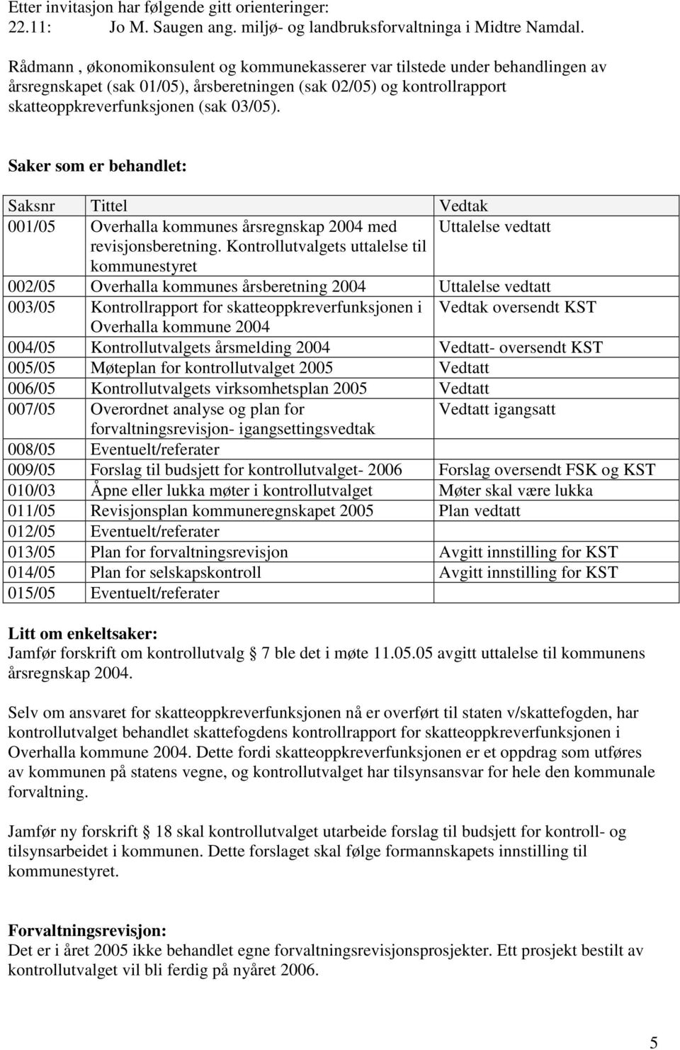 Saker som er behandlet: Saksnr Tittel Vedtak 001/05 Overhalla kommunes årsregnskap 2004 med Uttalelse vedtatt revisjonsberetning.