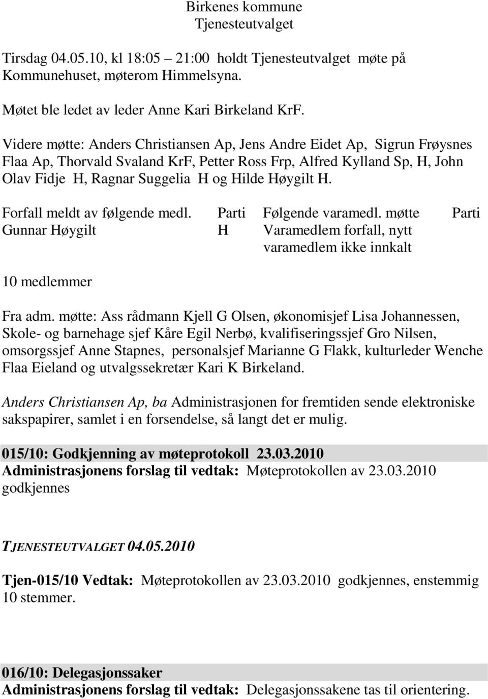 H. Forfall meldt av følgende medl. Parti Følgende varamedl. møtte Parti Gunnar Høygilt H Varamedlem forfall, nytt varamedlem ikke innkalt 10 medlemmer Fra adm.