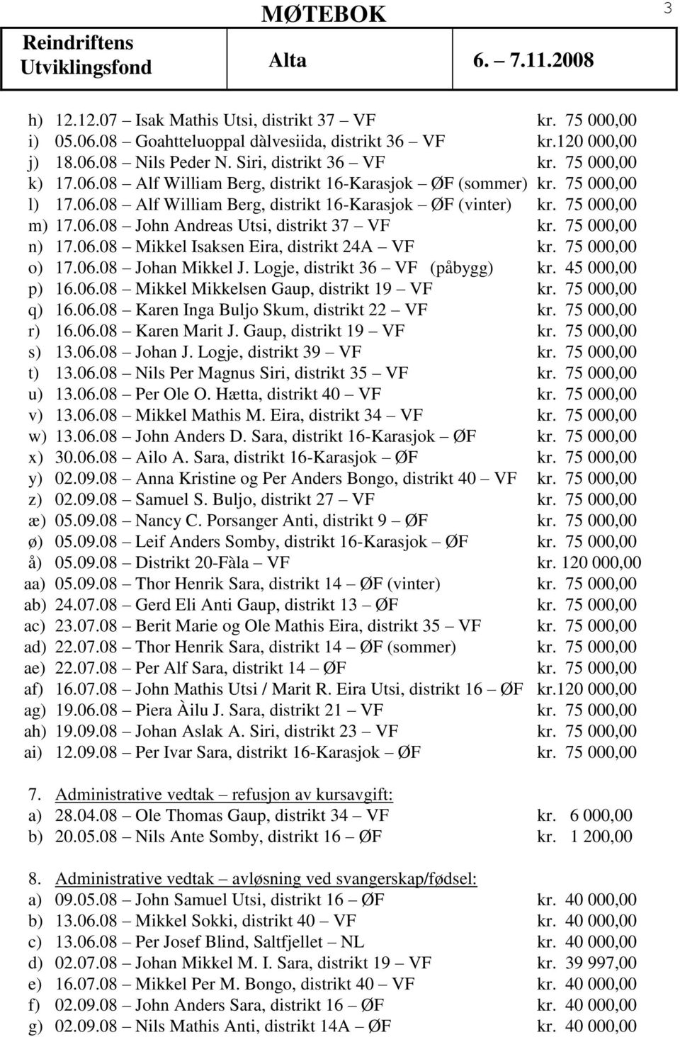 75 000,00 o) 17.06.08 Johan Mikkel J. Logje, distrikt 36 VF (påbygg) kr. 45 000,00 p) 16.06.08 Mikkel Mikkelsen Gaup, distrikt 19 VF kr. 75 000,00 q) 16.06.08 Karen Inga Buljo Skum, distrikt 22 VF kr.