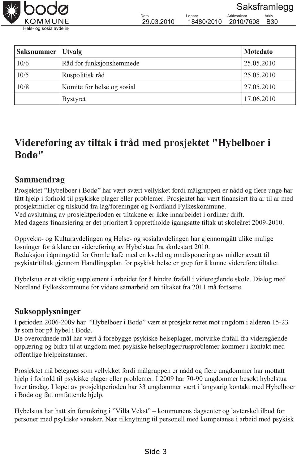 2010 Videreføring av tiltak i tråd med prosjektet "Hybelboer i Bodø" Sammendrag Prosjektet Hybelboer i Bodø har vært svært vellykket fordi målgruppen er nådd og flere unge har fått hjelp i forhold