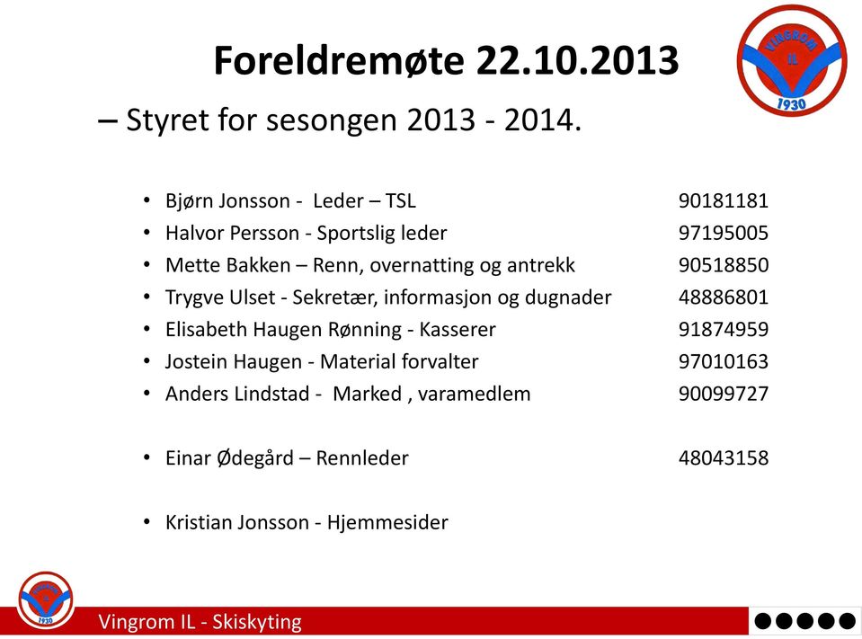 og antrekk 90518850 Trygve Ulset - Sekretær, informasjon og dugnader 48886801 Elisabeth Haugen Rønning -