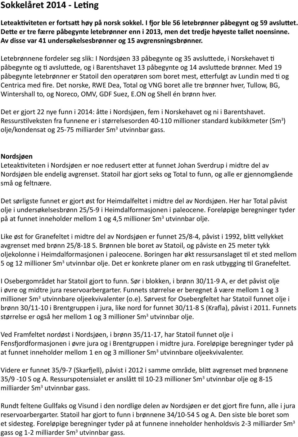 Letebrønnene fordeler seg slik: I Nordsjøen 33 påbegynte og 35 avsluttede, i Norskehavet ti påbegynte og ti avsluttede, og i Barentshavet 13 påbegynte og 14 avsluttede brønner.