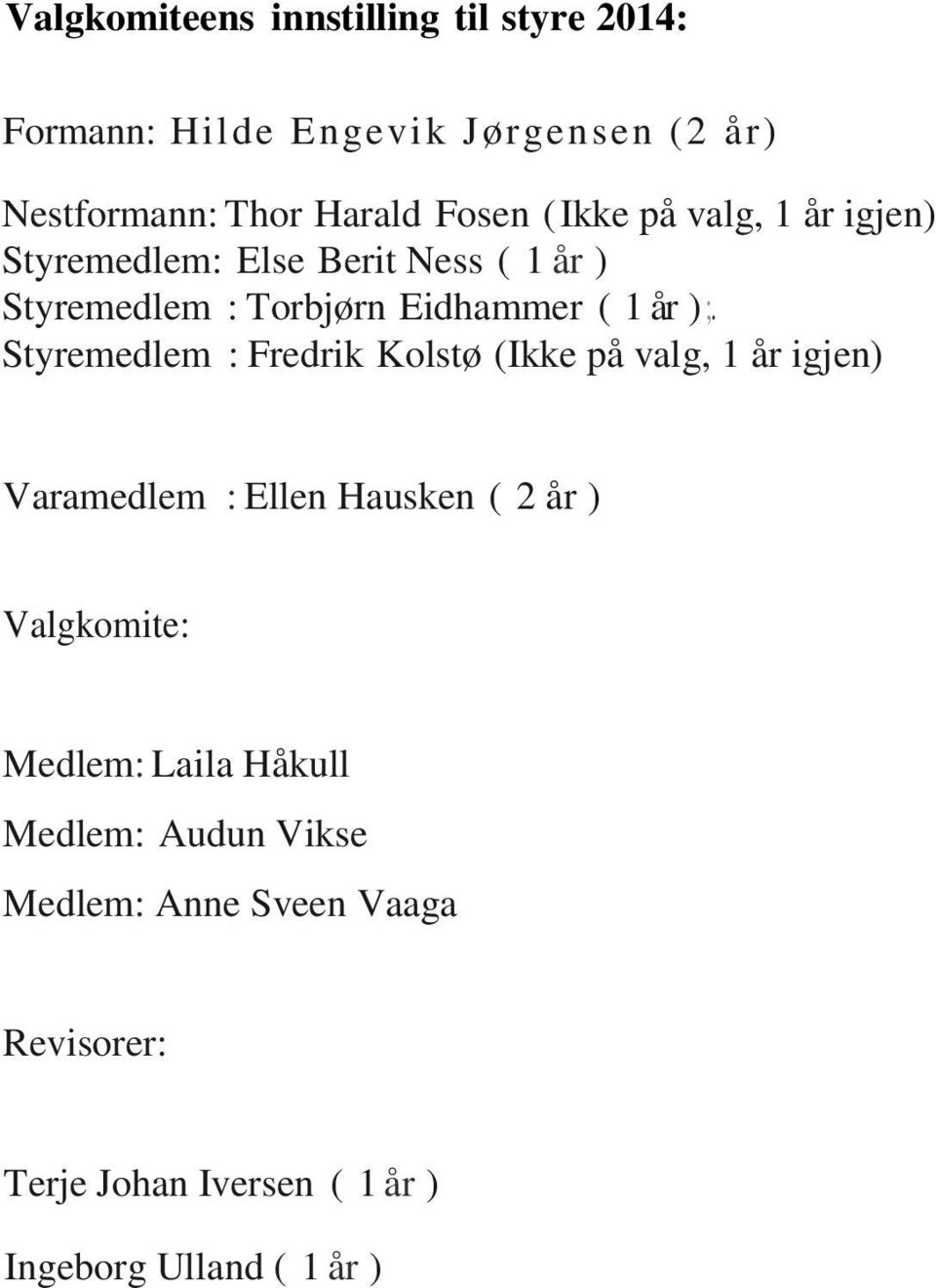 Styremedlem : Fredrik Kolstø (Ikke på valg, 1 år igjen) Varamedlem : Ellen Hausken ( 2 år ) Valgkomite: Medlem: