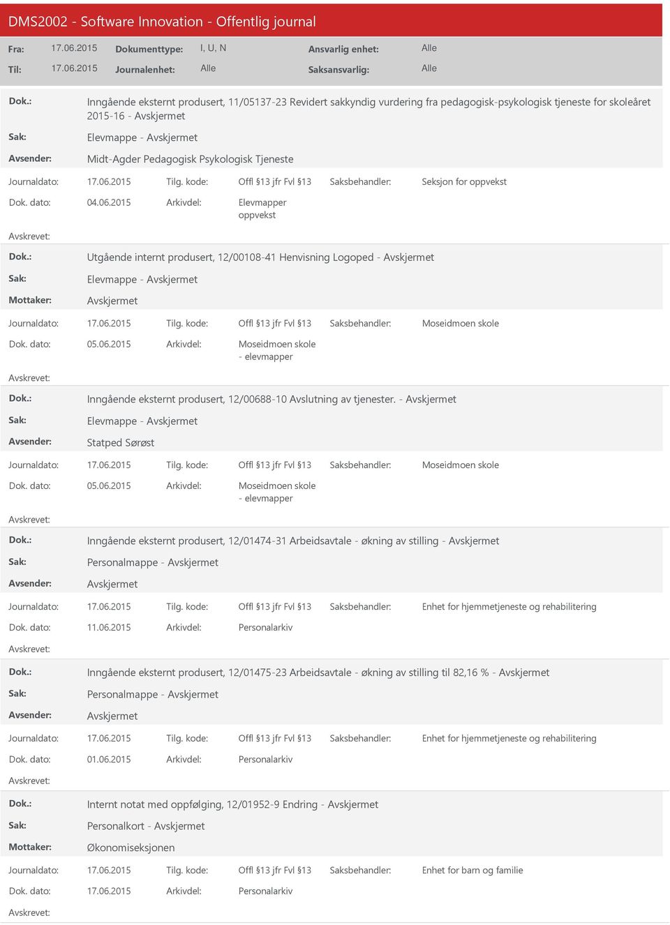 - Elevmappe - Statped Sørøst 05.06.2015 - elevmapper Inngående eksternt produsert, 12/01474-31 Arbeidsavtale - økning av stilling - Personalmappe - Enhet for hjemmetjeneste og rehabilitering 11.06.2015 Inngående eksternt produsert, 12/01475-23 Arbeidsavtale - økning av stilling til 82,16 % - Personalmappe - Enhet for hjemmetjeneste og rehabilitering 01.