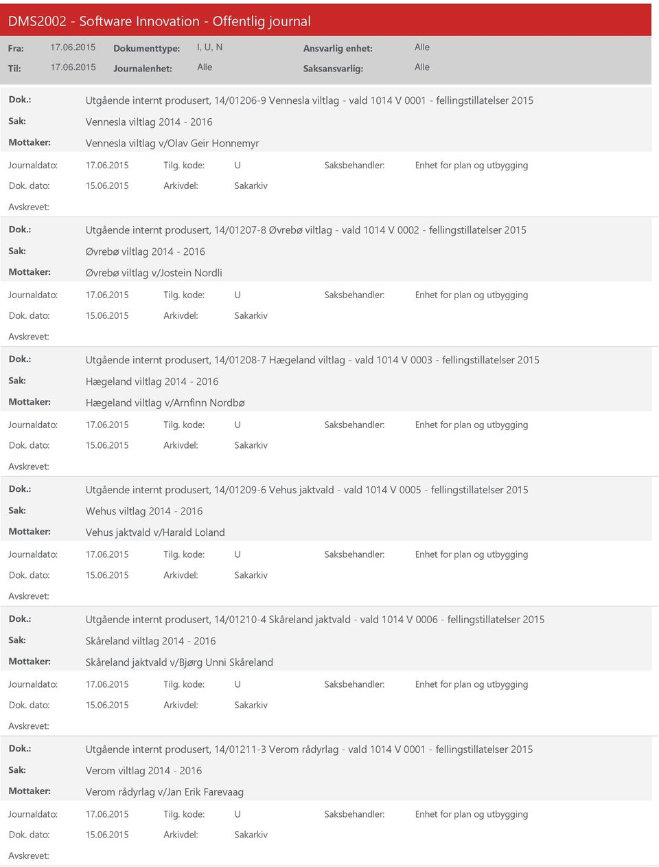 2015 tgående internt produsert, 14/01207-8 Øvrebø viltlag - vald 1014 V 0002 - fellingstillatelser 2015 Øvrebø viltlag 2014-2016 Øvrebø viltlag v/jostein Nordli 15.06.