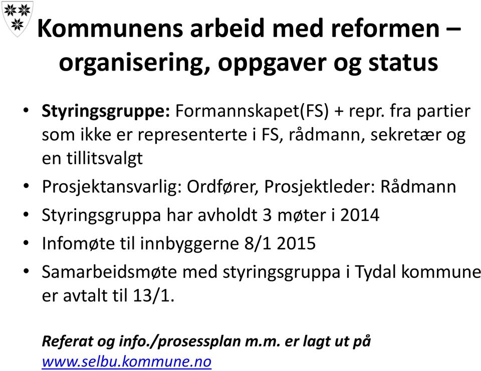 Prosjektleder: Rådmann Styringsgruppa har avholdt 3 møter i 2014 Infomøte til innbyggerne 8/1 2015