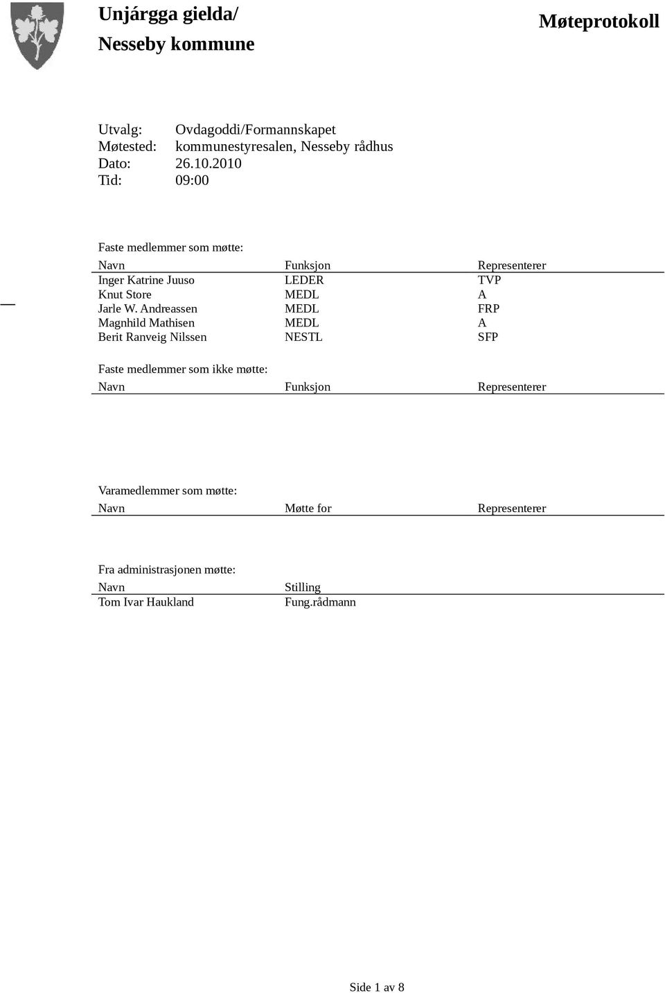 2010 Tid: 09:00 Faste medlemmer som møtte: Navn Funksjon Representerer Inger Katrine Juuso LEDER TVP Knut Store MEDL A Jarle W.