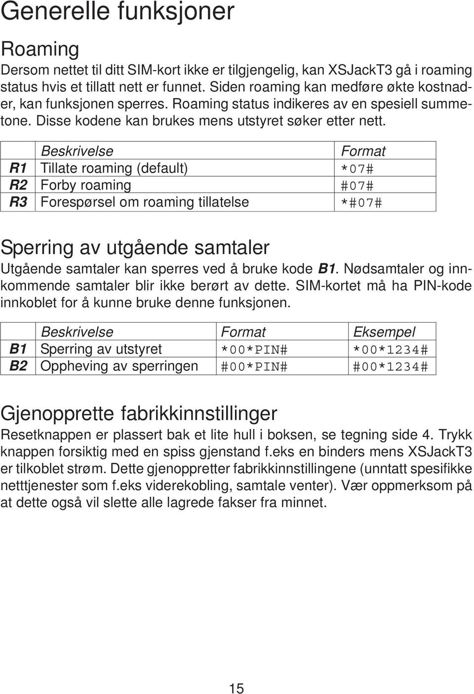 Beskrivelse Format R1 Tillate roaming (default) *07# R2 Forby roaming #07# R3 Forespørsel om roaming tillatelse *#07# Sperring av utgående samtaler Utgående samtaler kan sperres ved å bruke kode B1.