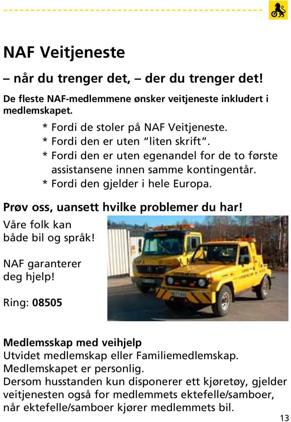 Prøv oss, uansett hvilke problemer du har! Våre folk kan både bil og språk! NAF garanterer deg hjelp!