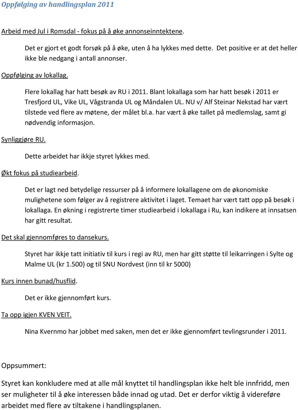 Blant lokallaga som har hatt besøk i 2011 er Tresfjord UL, Vike UL, Vågstranda UL og Måndalen UL. NU v/ Alf Steinar Nekstad har vært tilstede ved flere av møtene, der målet bl.a. har vært å øke tallet på medlemslag, samt gi nødvendig informasjon.