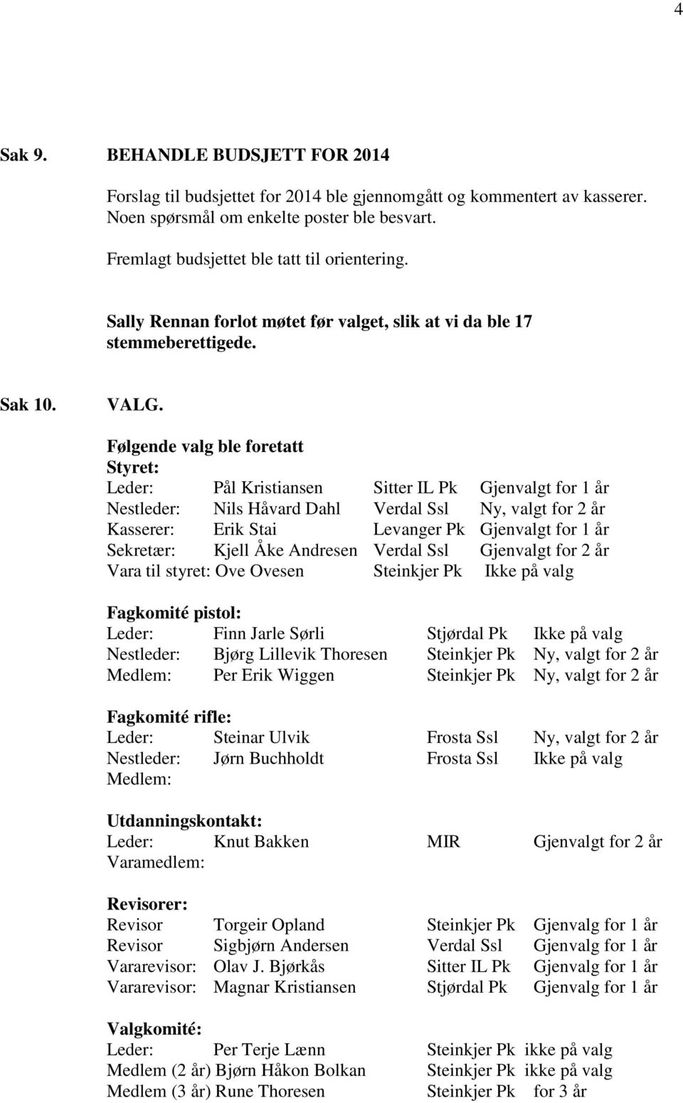 Følgende valg ble foretatt Styret: Leder: Pål Kristiansen Sitter IL Pk Gjenvalgt for 1 år Nestleder: Nils Håvard Dahl Verdal Ssl Ny, valgt for 2 år Kasserer: Erik Stai Levanger Pk Gjenvalgt for 1 år