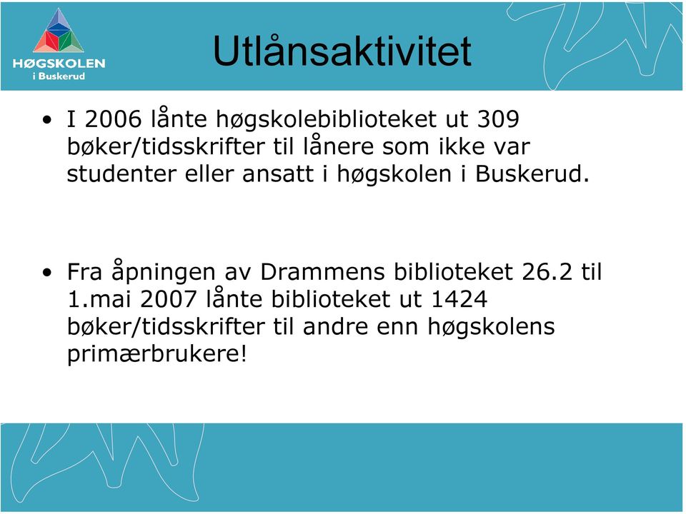 høgskolen i Buskerud. Fra åpningen av Drammens biblioteket 26.2 til 1.