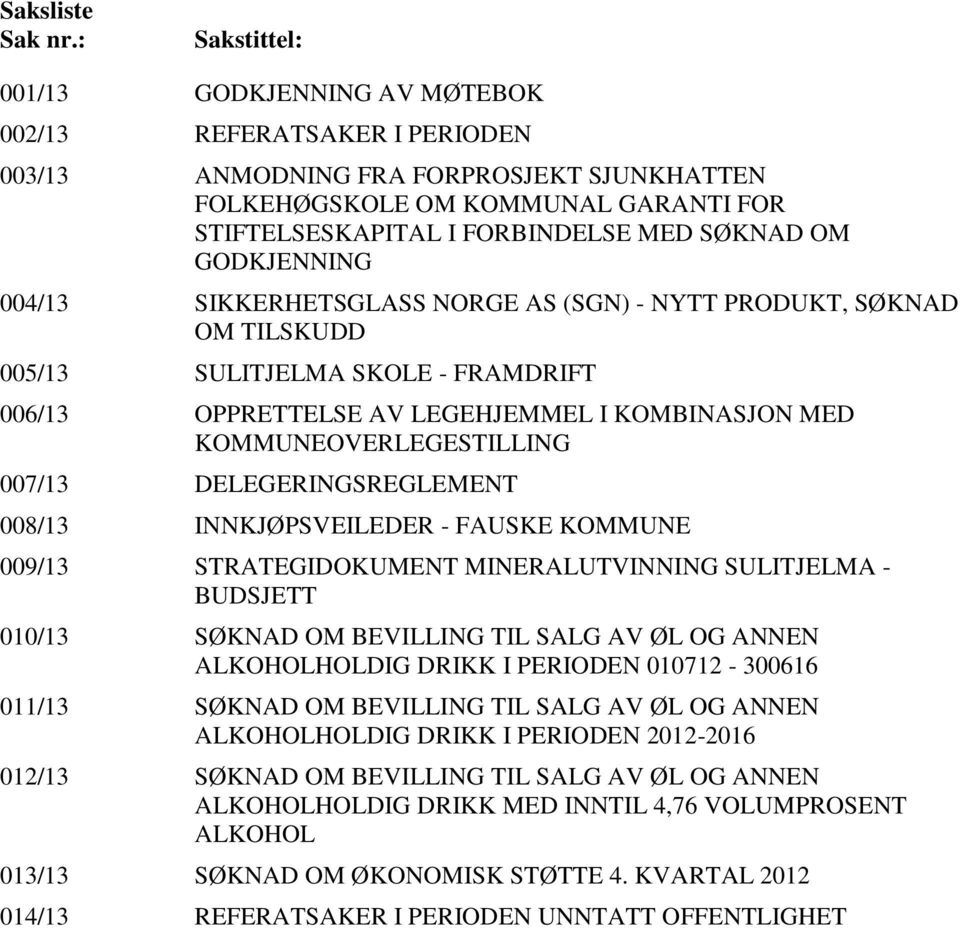 SØKNAD OM GODKJENNING 004/13 SIKKERHETSGLASS NORGE AS (SGN) - NYTT PRODUKT, SØKNAD OM TILSKUDD 005/13 SULITJELMA SKOLE - FRAMDRIFT 006/13 OPPRETTELSE AV LEGEHJEMMEL I KOMBINASJON MED