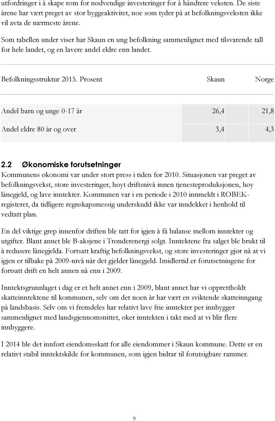 Som tabellen under viser har Skaun en ung befolkning sammenlignet med tilsvarende tall for hele landet, og en lavere andel eldre enn landet. Befolkningsstruktur 2015.