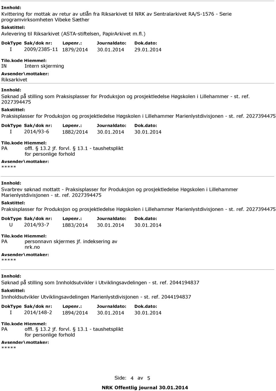 2027394475 Praksisplasser for Produksjon og prosjektledelsellogskolen i Lillehammer Marienlystdivisjonen st. ref. 2027394475 I 2014/93 6 1882/2014 offl. 13.