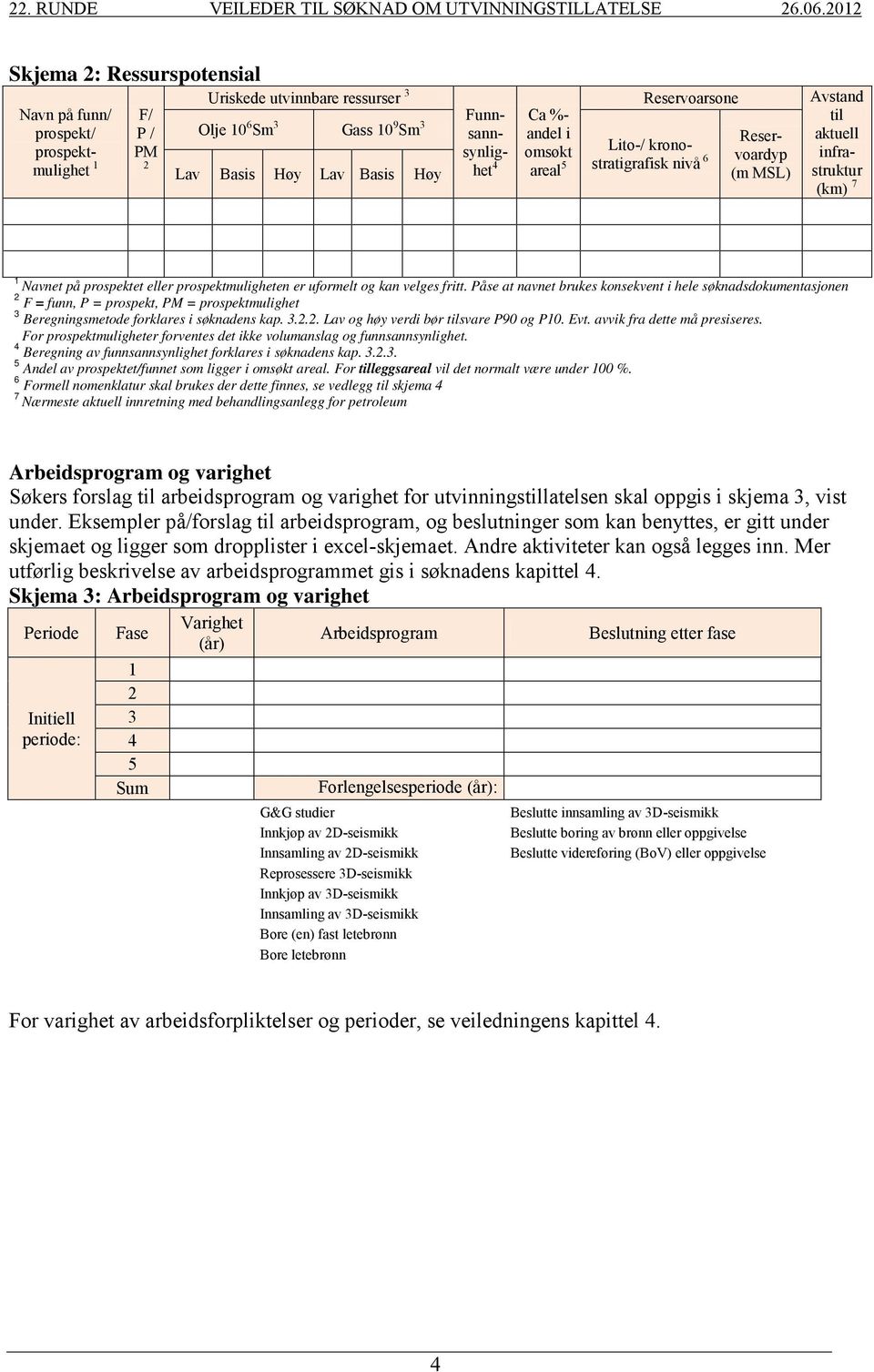 er uformelt og kan velges fritt. Påse at navnet brukes konsekvent i hele søknadsdokumentasjonen 2 F = funn, P = prospekt, PM = prospektmulighet 3 Beregningsmetode forklares i søknadens kap. 3.2.2. Lav og høy verdi bør tilsvare P90 og P10.