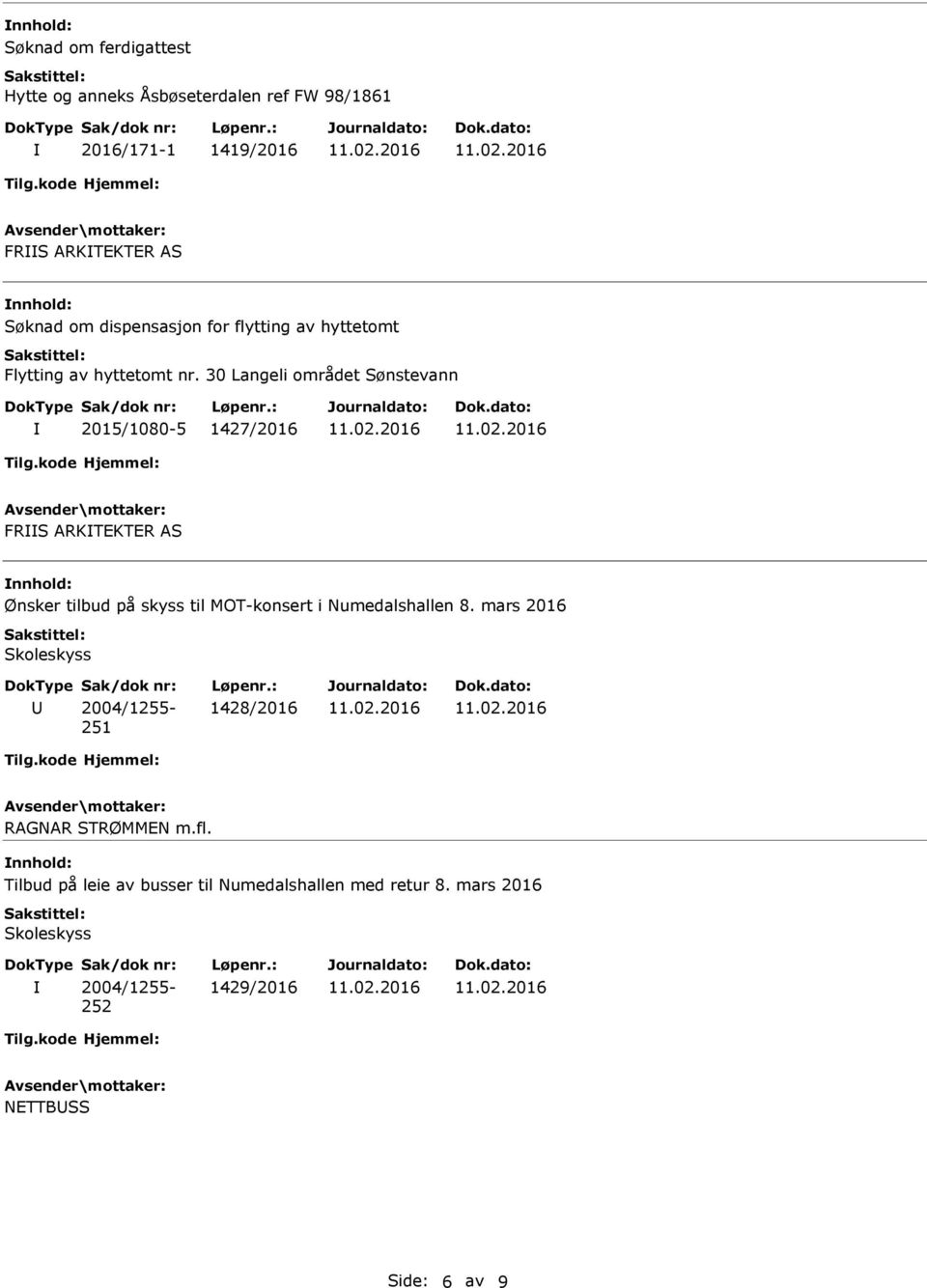 30 Langeli området Sønstevann 2015/1080-5 1427/2016 FRS ARKTEKTER AS nnhold: Ønsker tilbud på skyss til MOT-konsert i Numedalshallen